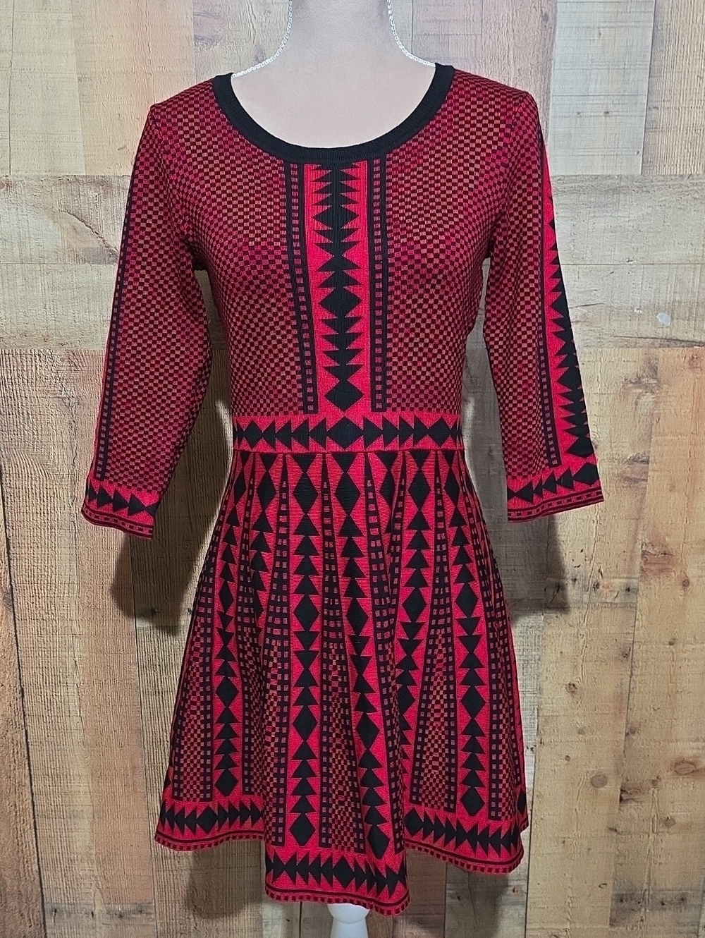 Nina Leonard Red and Black Geometric Fit-&-Flare Sweater Mini Dress